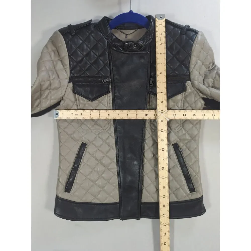BCBGMAXAZRIA Jacket XS Black Beige Quilted Lamb Leather Moto Biker Womens